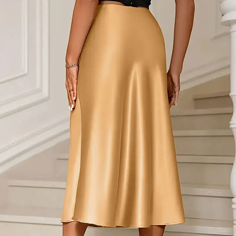 Saia Midi de Cetim, Moda Feminina, Estilo Elegante, Roupas de Festa, Look Sofisticado, Tendência de Moda, Saia Versátil, Conforto e Estilo, Peças de Cetim, Fashion Essentials, Saia, Saia Midi, Saia Longas, Saia Cargo, Saia Longa, Loja Aiella