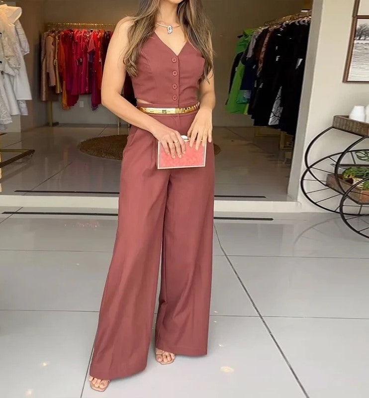Macacão feminino sem mangas com decote V e pernas largas. Elegância e conforto para o verão. Descubra o estilo perfeito, Macacao, Macacao Feminino, Macacao Longo Feminino, Macacao Branco, Macacao Jeans Femininas, Macacao Feminino Social, Macacao Farm